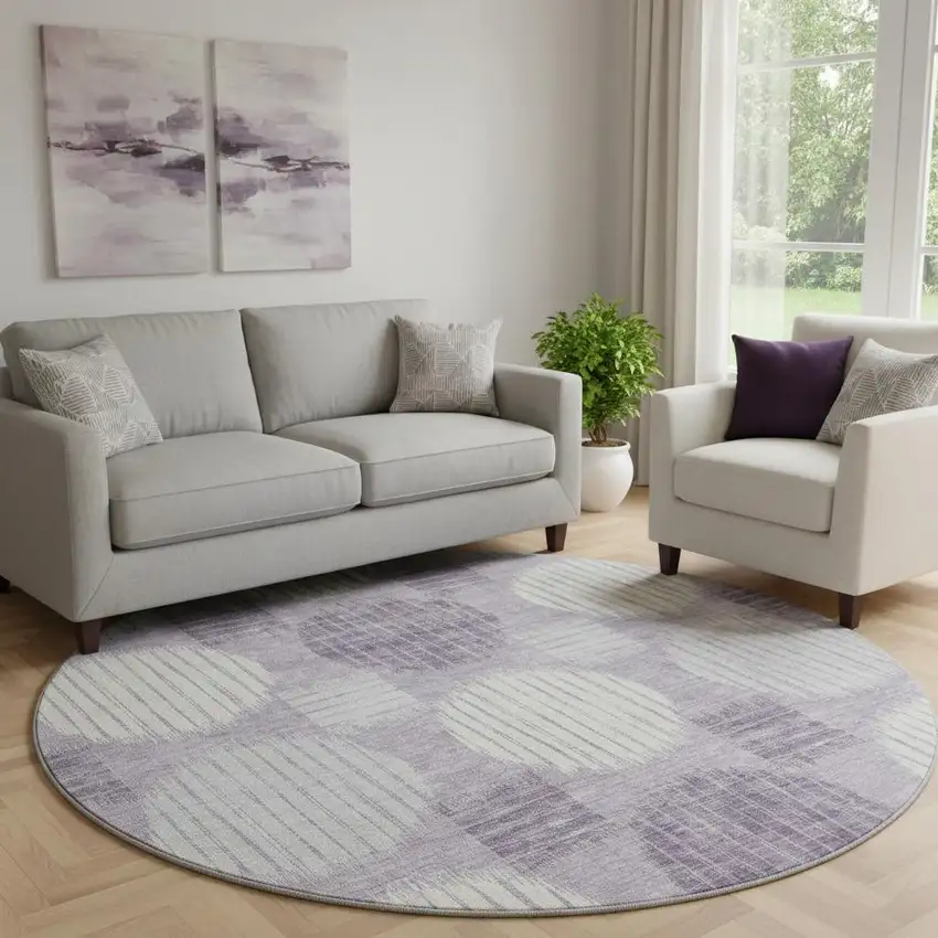 8' Purple Ivory And Gray Geometric Washable Round Rug With UV Protection Photo 1