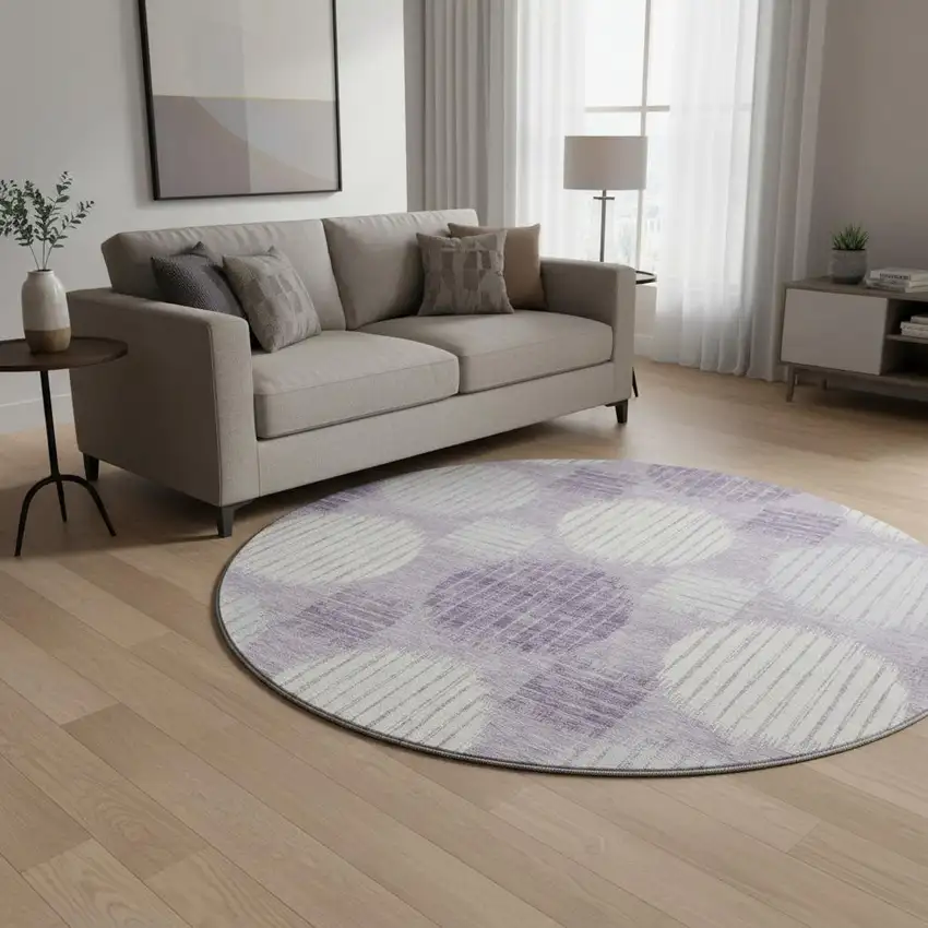 8' Purple Ivory And Gray Geometric Washable Round Rug With UV Protection Photo 2