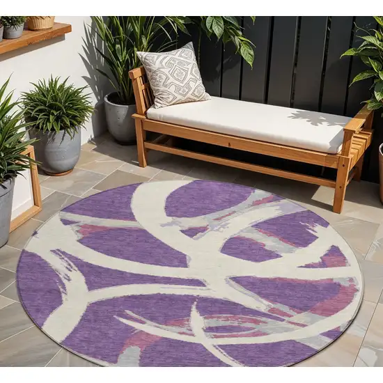 8' Purple Ivory And Gray Round Abstract Washable Indoor Outdoor Area Rug Photo 1