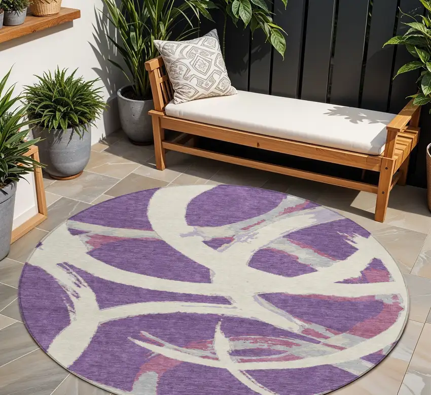 8' Purple Ivory And Gray Round Abstract Washable Indoor Outdoor Area Rug Photo 1