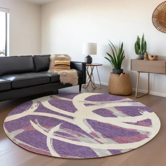 8' Purple Ivory And Gray Round Abstract Washable Indoor Outdoor Area Rug Photo 8