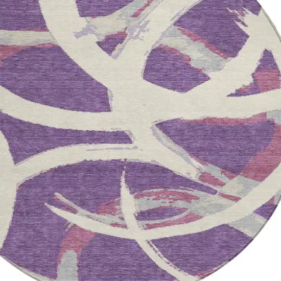 8' Purple Ivory And Gray Round Abstract Washable Indoor Outdoor Area Rug Photo 4