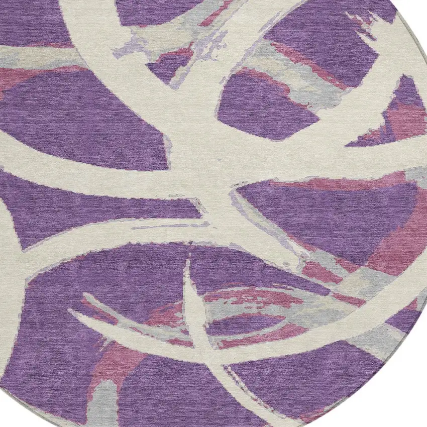8' Purple Ivory And Gray Round Abstract Washable Indoor Outdoor Area Rug Photo 4