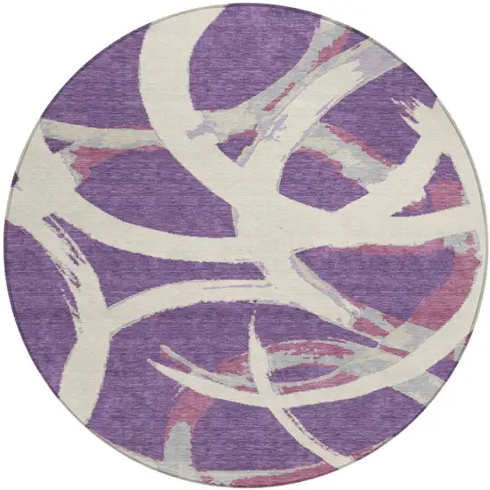 8' Purple Ivory And Gray Round Abstract Washable Indoor Outdoor Area Rug Photo 2