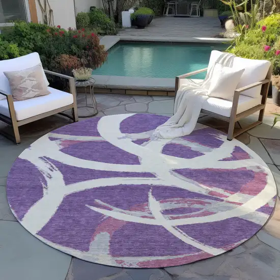 8' Purple Ivory And Gray Round Abstract Washable Indoor Outdoor Area Rug Photo 7