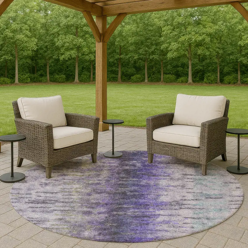 8' Purple Ivory And Gray Round Abstract Washable Indoor Outdoor Area Rug Photo 8