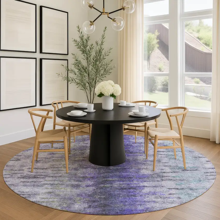 8' Purple Ivory And Gray Round Abstract Washable Indoor Outdoor Area Rug Photo 9