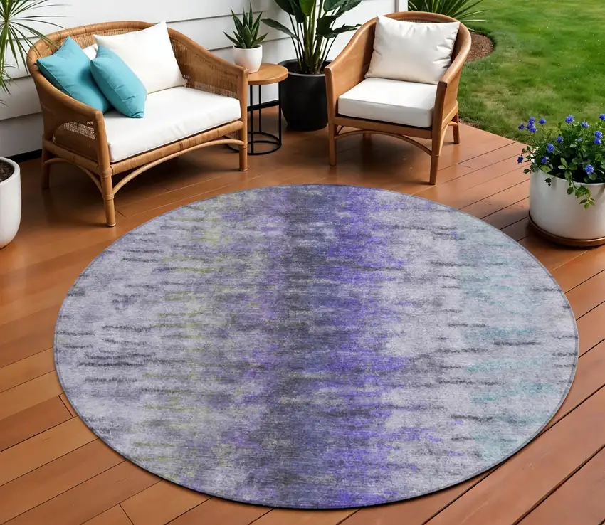 8' Purple Ivory And Gray Round Abstract Washable Indoor Outdoor Area Rug Photo 1