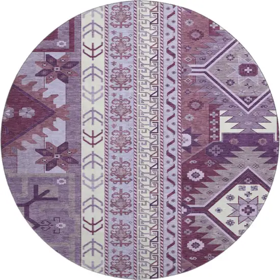 8' Purple Ivory And Gray Southwestern Washable Round Rug With UV Protection Photo 1