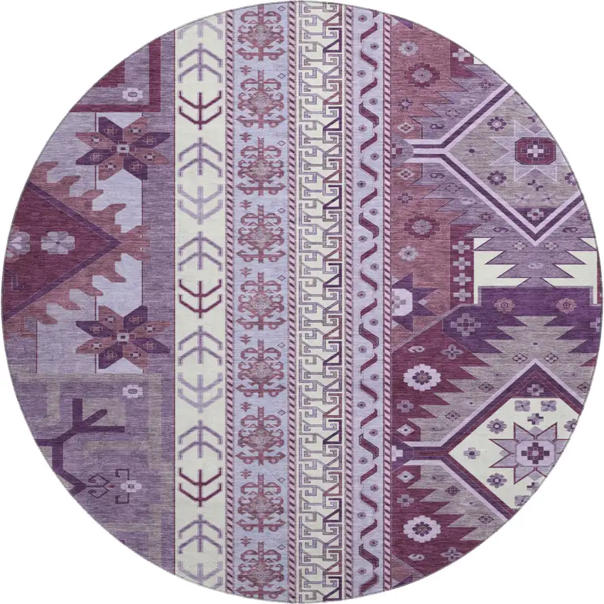 8' Purple Ivory And Gray Southwestern Washable Round Rug With UV Protection Photo 1