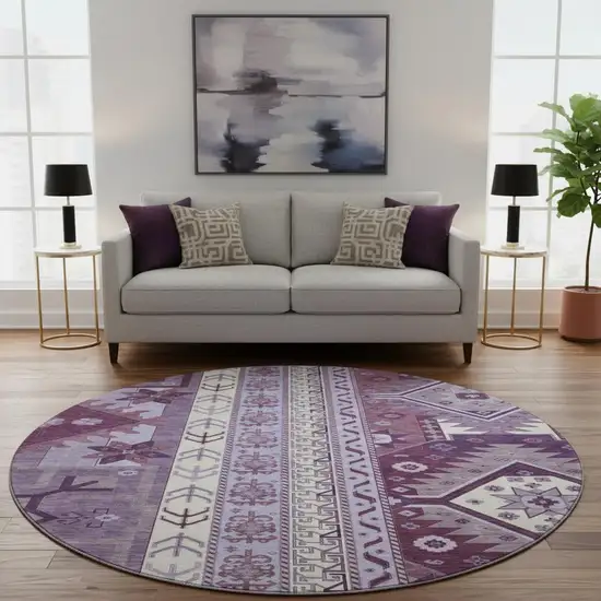 8' Purple Ivory And Gray Southwestern Washable Round Rug With UV Protection Photo 2