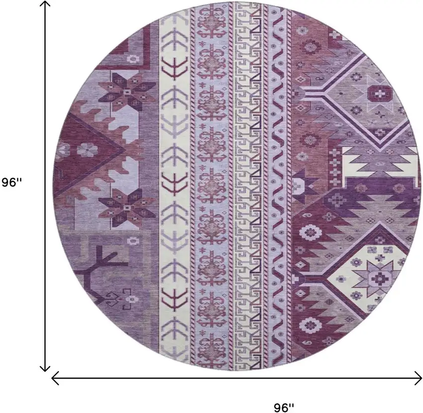 8' Purple Ivory And Gray Southwestern Washable Round Rug With UV Protection Photo 9