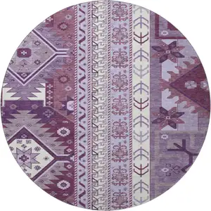 Photo of 8' Purple Ivory And Gray Southwestern Washable Round Rug With UV Protection