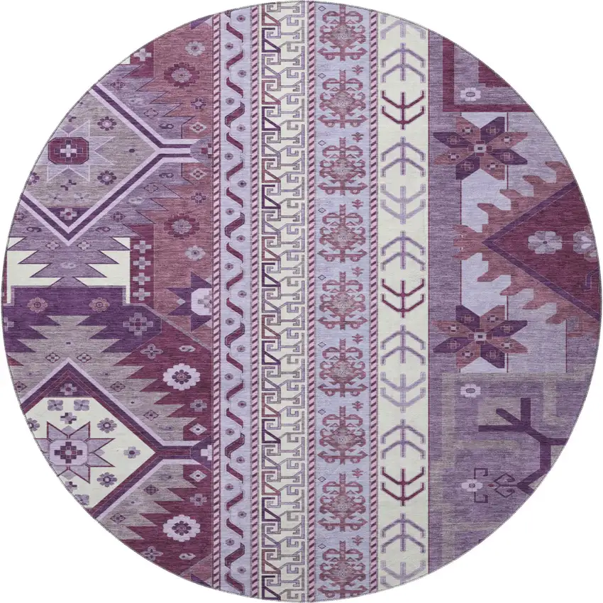 8' Purple Ivory And Gray Southwestern Washable Round Rug With UV Protection Photo 3