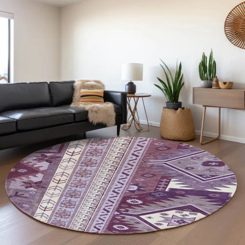 8' Purple Ivory And Gray Southwestern Washable Round Rug With UV Protection Photo 4