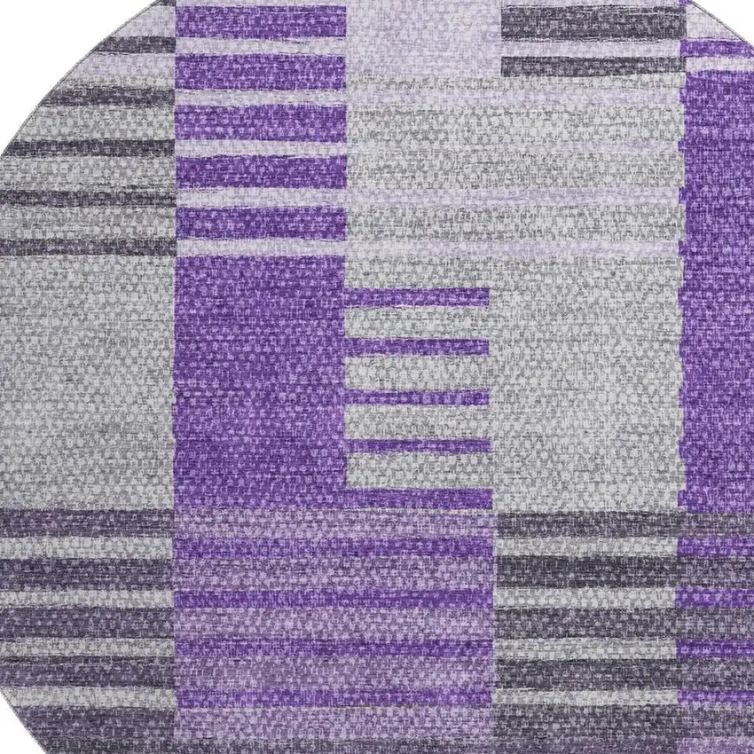 8' Purple Ivory And Gray Striped Washable Round Rug With UV Protection Photo 4