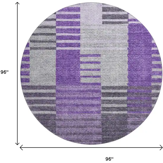 8' Purple Ivory And Gray Striped Washable Round Rug With UV Protection Photo 6