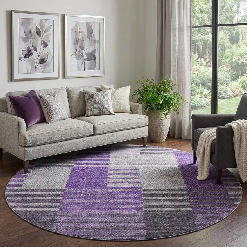 8' Purple Ivory And Gray Striped Washable Round Rug With UV Protection Photo 1