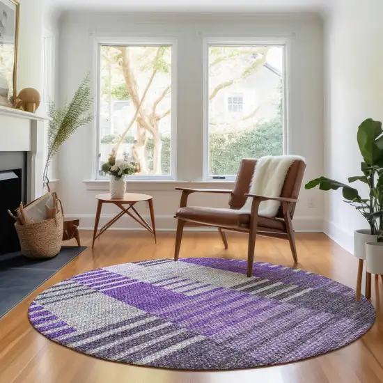 8' Purple Ivory And Gray Striped Washable Round Rug With UV Protection Photo 5