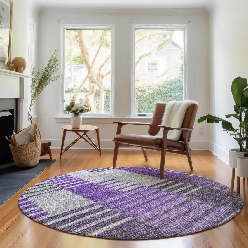 8' Purple Ivory And Gray Striped Washable Round Rug With UV Protection Photo 5