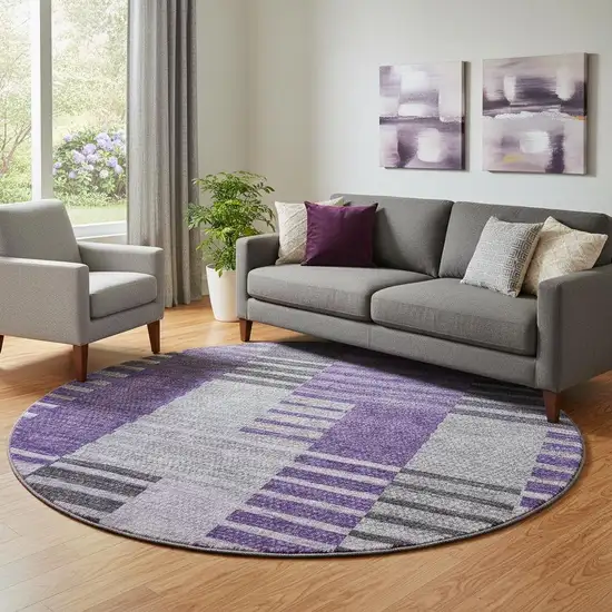 8' Purple Ivory And Gray Striped Washable Round Rug With UV Protection Photo 1