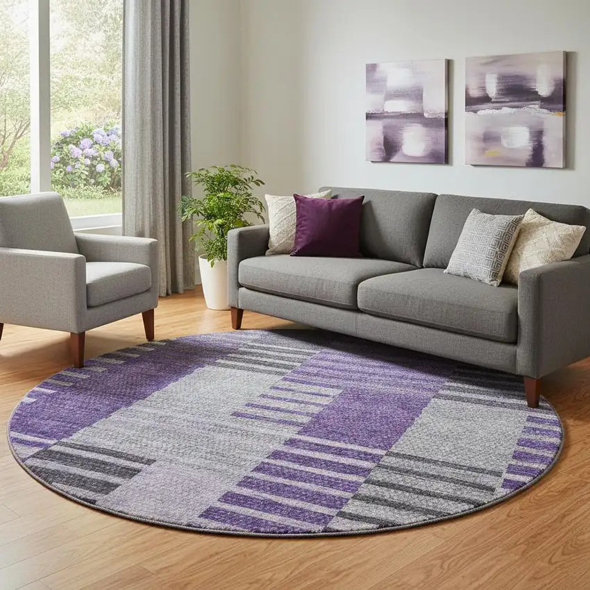 8' Purple Ivory And Gray Striped Washable Round Rug With UV Protection Photo 1