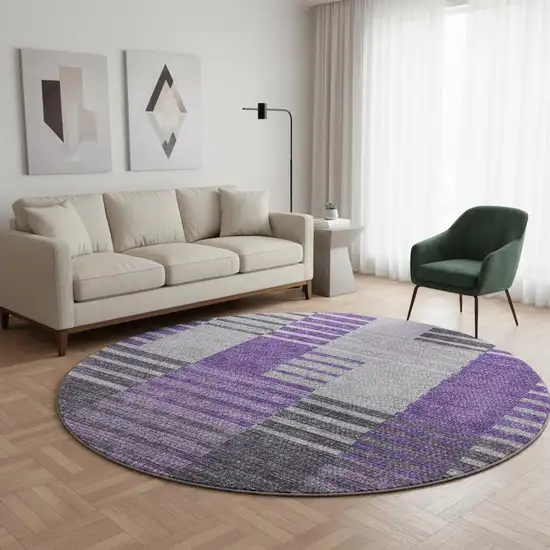 8' Purple Ivory And Gray Striped Washable Round Rug With UV Protection Photo 2