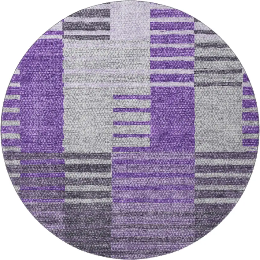 8' Purple Ivory And Gray Striped Washable Round Rug With UV Protection Photo 3