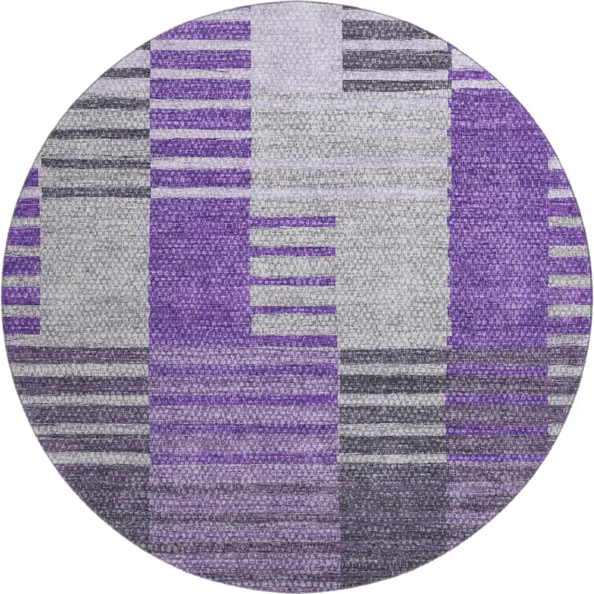 8' Purple Ivory And Gray Striped Washable Round Rug With UV Protection Photo 1