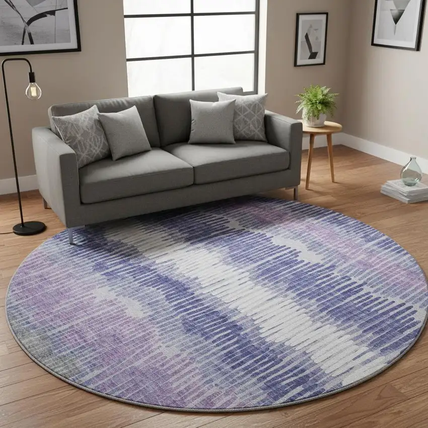 8' Purple Ivory And Gray Striped Washable Round Rug With UV Protection Photo 2