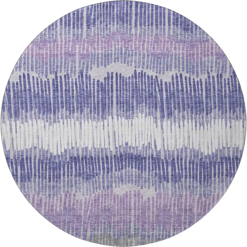 8' Purple Ivory And Gray Striped Washable Round Rug With UV Protection Photo 4