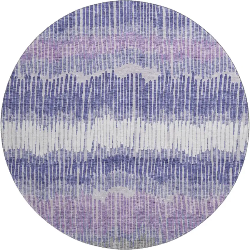 8' Purple Ivory And Gray Striped Washable Round Rug With UV Protection Photo 1