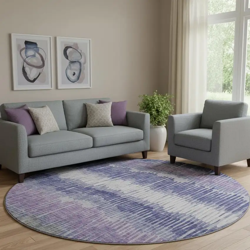 8' Purple Ivory And Gray Striped Washable Round Rug With UV Protection Photo 1