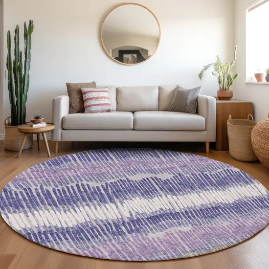 8' Purple Ivory And Gray Striped Washable Round Rug With UV Protection Photo 5
