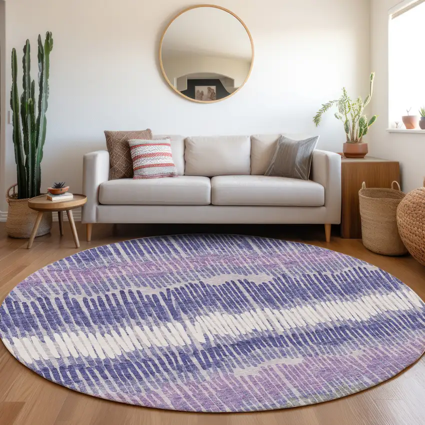 8' Purple Ivory And Gray Striped Washable Round Rug With UV Protection Photo 5