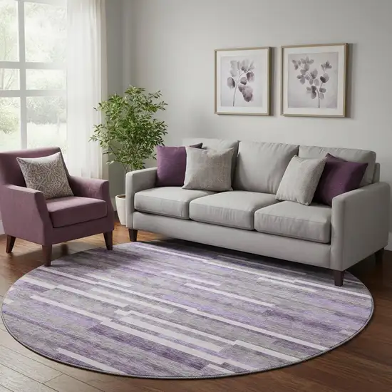 8' Purple Ivory And Gray Striped Washable Round Rug With UV Protection Photo 1