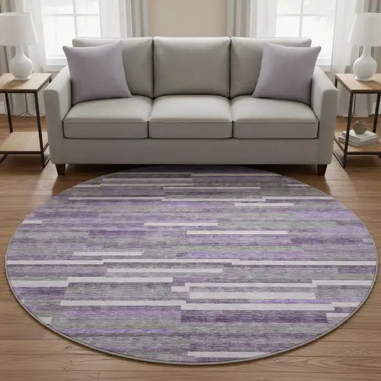 8' Purple Ivory And Gray Striped Washable Round Rug With UV Protection Photo 2