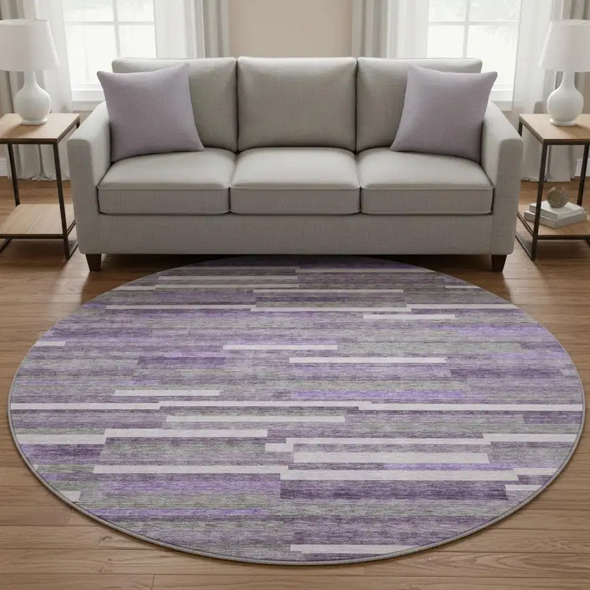 8' Purple Ivory And Gray Striped Washable Round Rug With UV Protection Photo 2