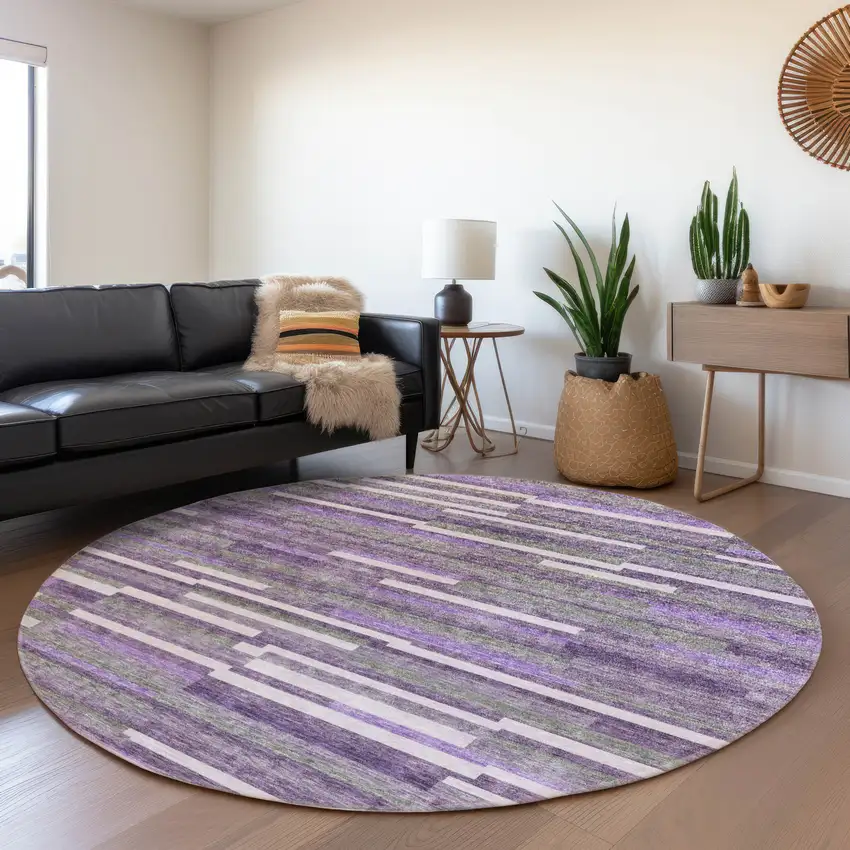 8' Purple Ivory And Gray Striped Washable Round Rug With UV Protection Photo 5