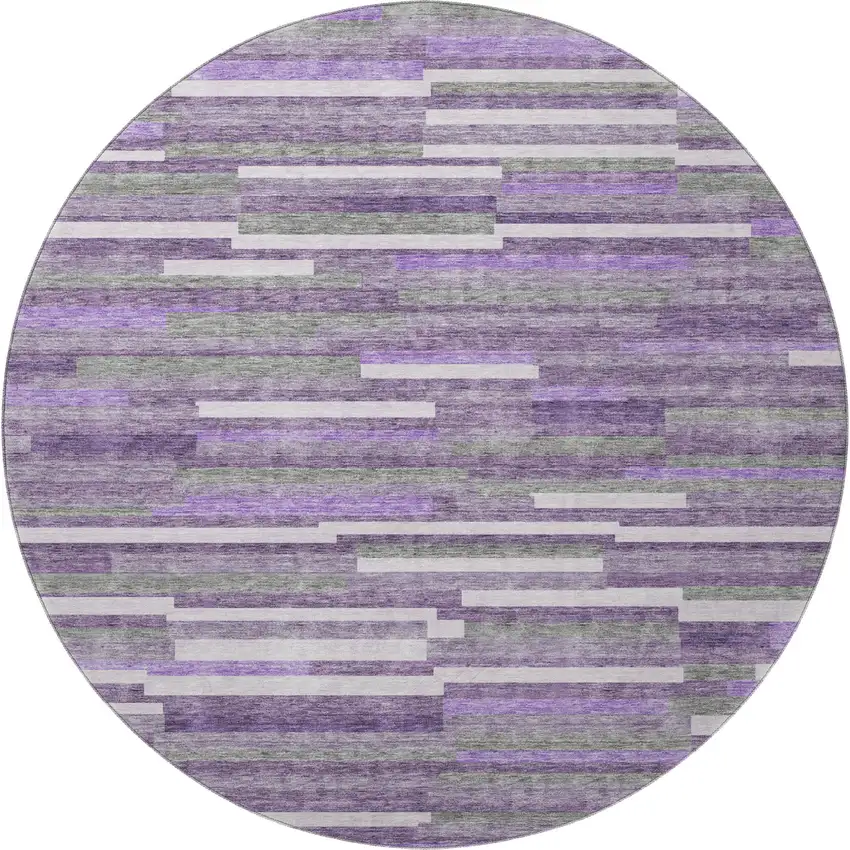 8' Purple Ivory And Gray Striped Washable Round Rug With UV Protection Photo 4