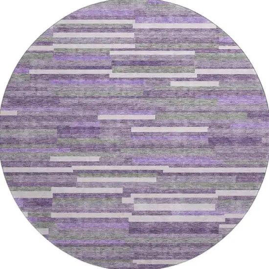 8' Purple Ivory And Gray Striped Washable Round Rug With UV Protection Photo 3