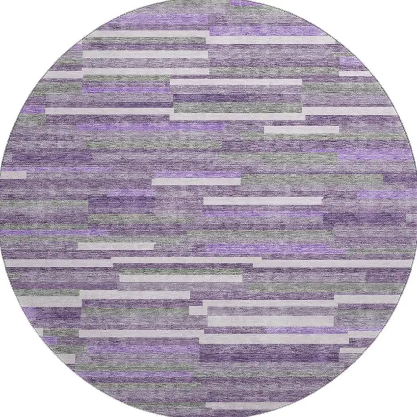 8' Purple Ivory And Gray Striped Washable Round Rug With UV Protection Photo 3