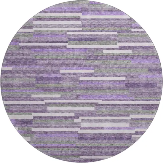 8' Purple Ivory And Gray Striped Washable Round Rug With UV Protection Photo 1