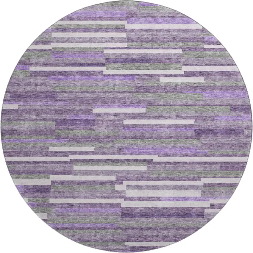 8' Purple Ivory And Gray Striped Washable Round Rug With UV Protection Photo 1