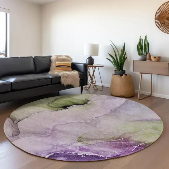 8' Purple Ivory And Green Abstract Washable Round Rug With UV Protection Photo 5