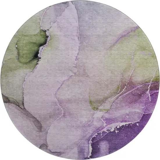 8' Purple Ivory And Green Abstract Washable Round Rug With UV Protection Photo 1