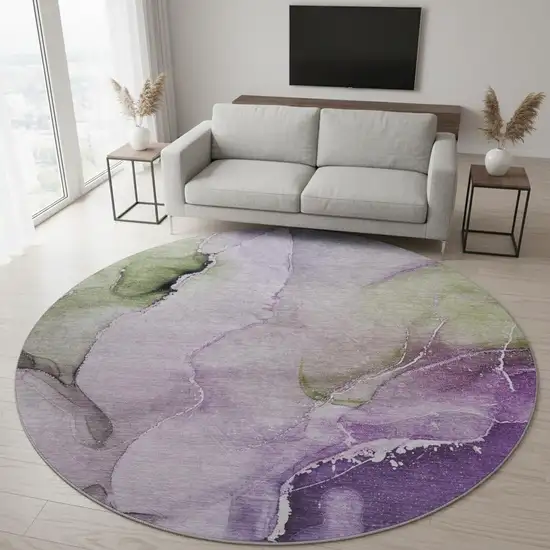 8' Purple Ivory And Green Abstract Washable Round Rug With UV Protection Photo 2