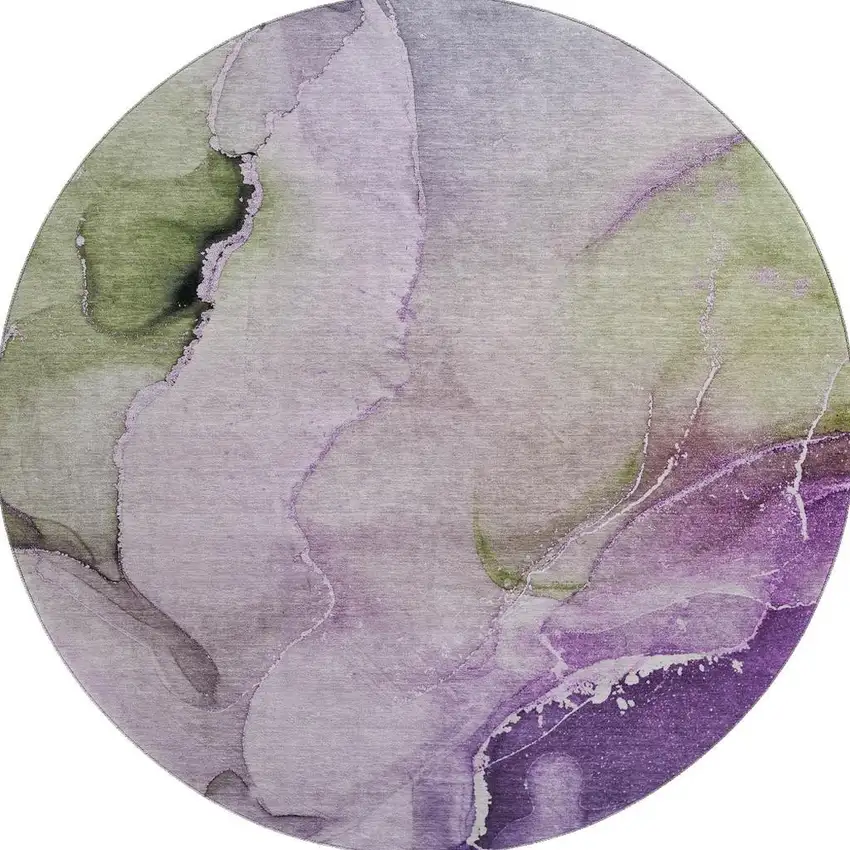 8' Purple Ivory And Green Abstract Washable Round Rug With UV Protection Photo 4