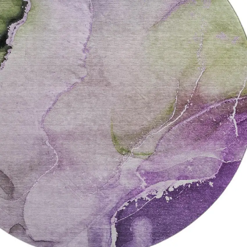 8' Purple Ivory And Green Abstract Washable Round Rug With UV Protection Photo 3