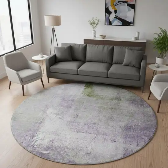 8' Purple Ivory And Green Abstract Washable Round Rug With UV Protection Photo 2